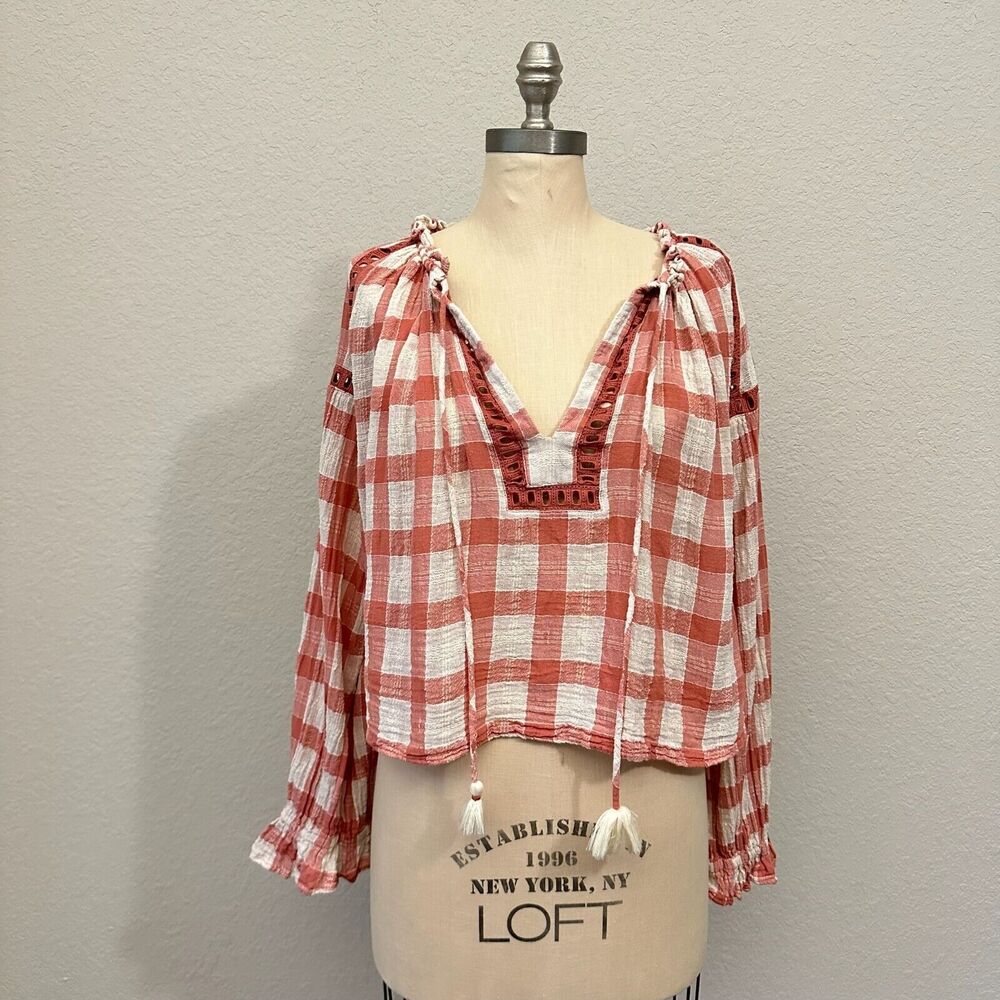FREE PEOPLE Honey Grove Pink Gingham Peasant Top Gauzy Oversized
